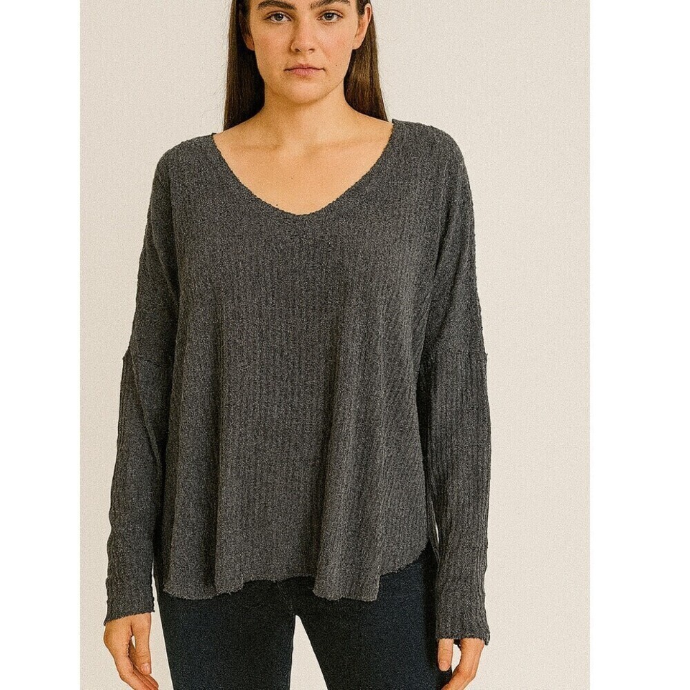 Out from Under Anthropologie waffle knit thermal top blouse SZ M Charcoal gray